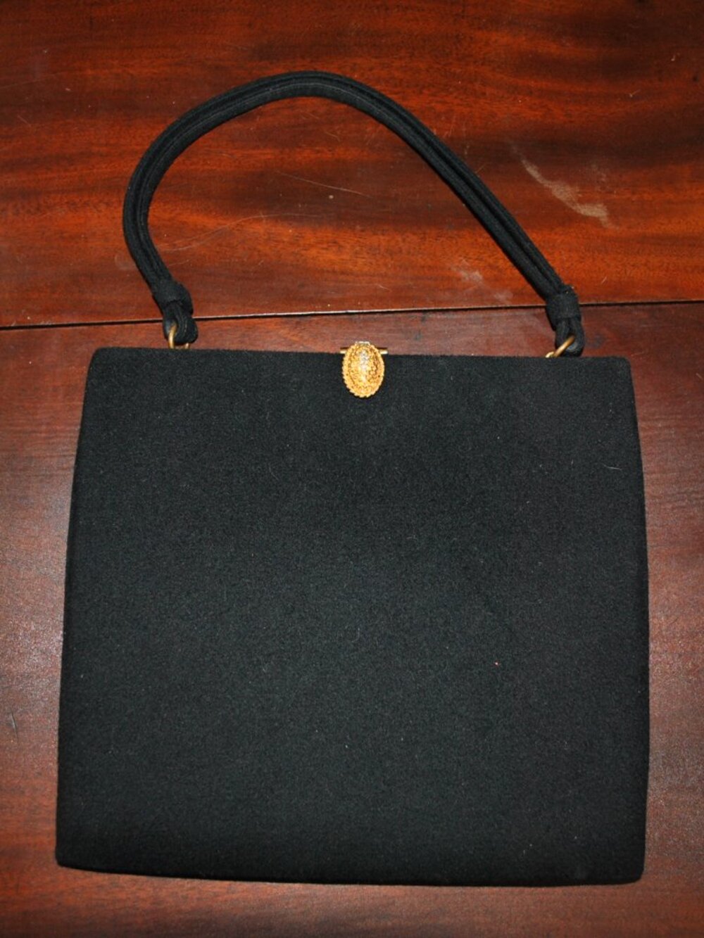 Vintage 1950s Bags by Dorian Black Wool Purse with Golden Rhinestone Clasp